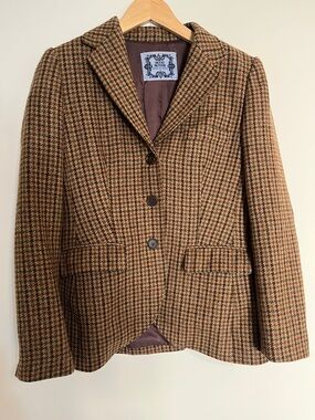 Brooks Brothers Brown Wool Houndstooth Blazer With Elbow Patches